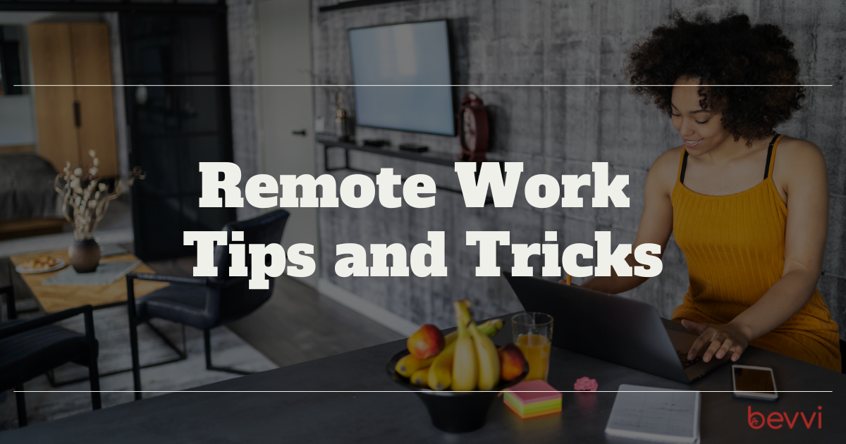 Text reads "Remote Work Tips and Tricks" over an image of a woman working from home